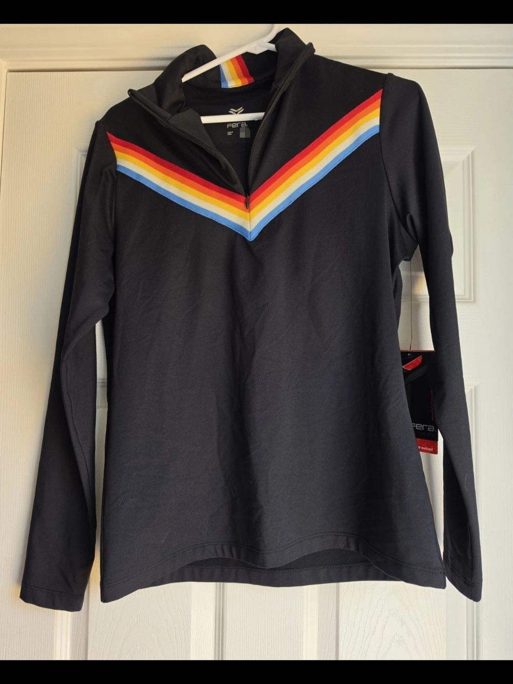 Fera Spectrum Black 1/4 Zip Ski Workout Color Stripped Mock Neck Top size S